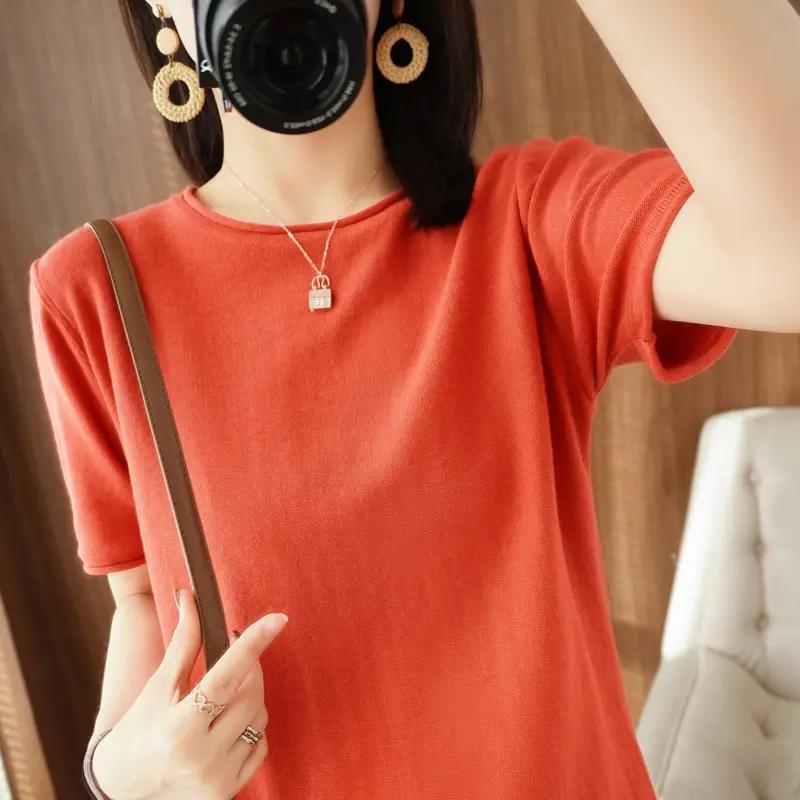 Women Cotton T-Shirt Brown Loose Fit Short Sleeve - Image 2