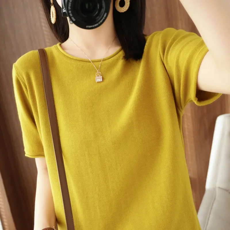 Women Cotton T-Shirt Brown Loose Fit Short Sleeve - Image 3