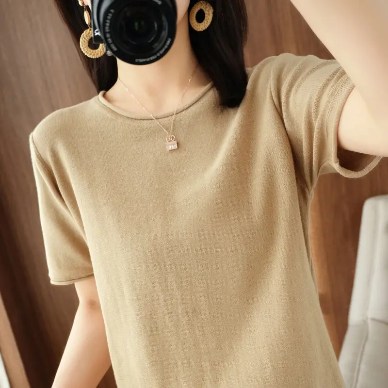 Women Cotton T-Shirt Brown Loose Fit Short Sleeve - Image 4