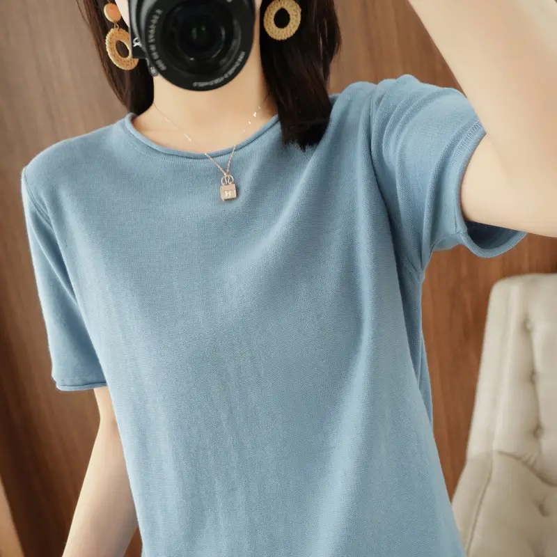 Women Cotton T-Shirt Brown Loose Fit Short Sleeve - Image 5