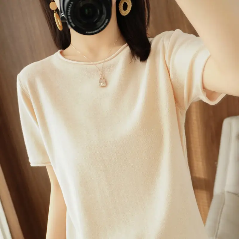 Women Cotton T-Shirt Brown Loose Fit Short Sleeve - Image 6