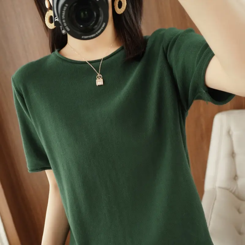 Women Cotton T-Shirt Brown Loose Fit Short Sleeve - Image 7
