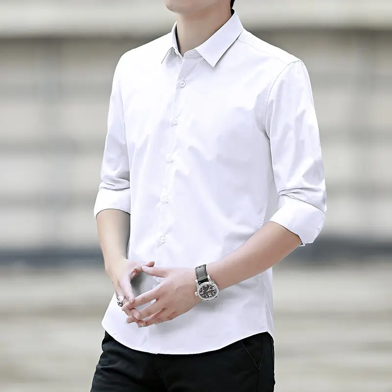 Spring New Men White Slim Fit Long Sleeve Shirt - Image 8