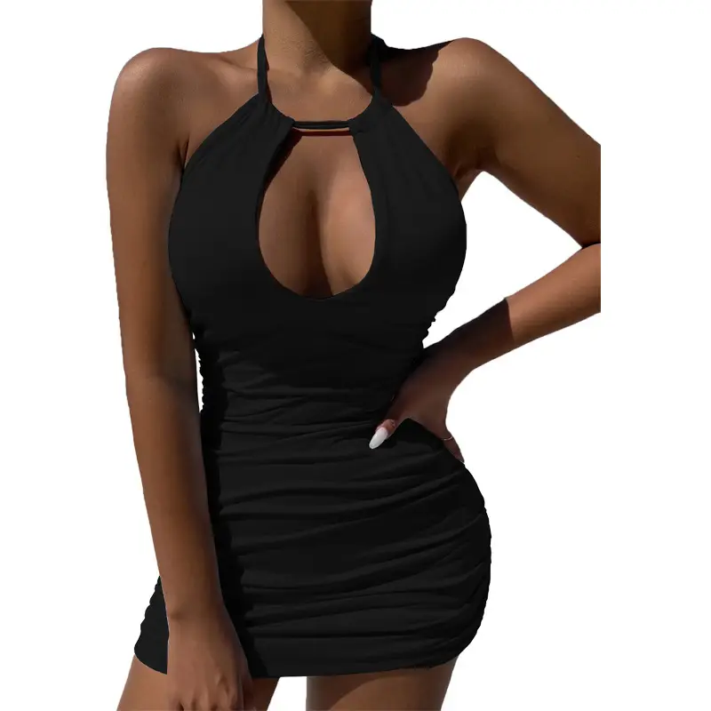 Lace-Up Halterneck Dress Pink European American Sexy Cut Out Pleated Hip Skirt - Image 5