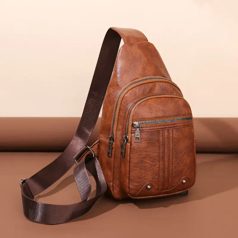 New Women's PU Leather Textured Messenger Bag Brown - Image 6
