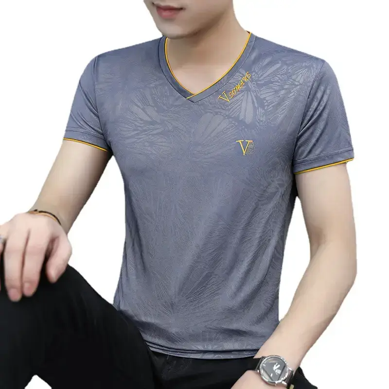 Men Ice Silk V-Neck T-Shirt Light Blue 7°C - Image 15