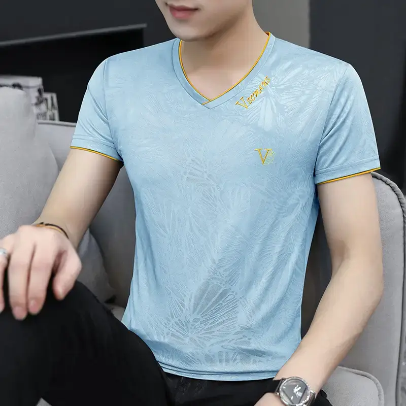 Men Ice Silk V-Neck T-Shirt Light Blue 7°C - Image 3