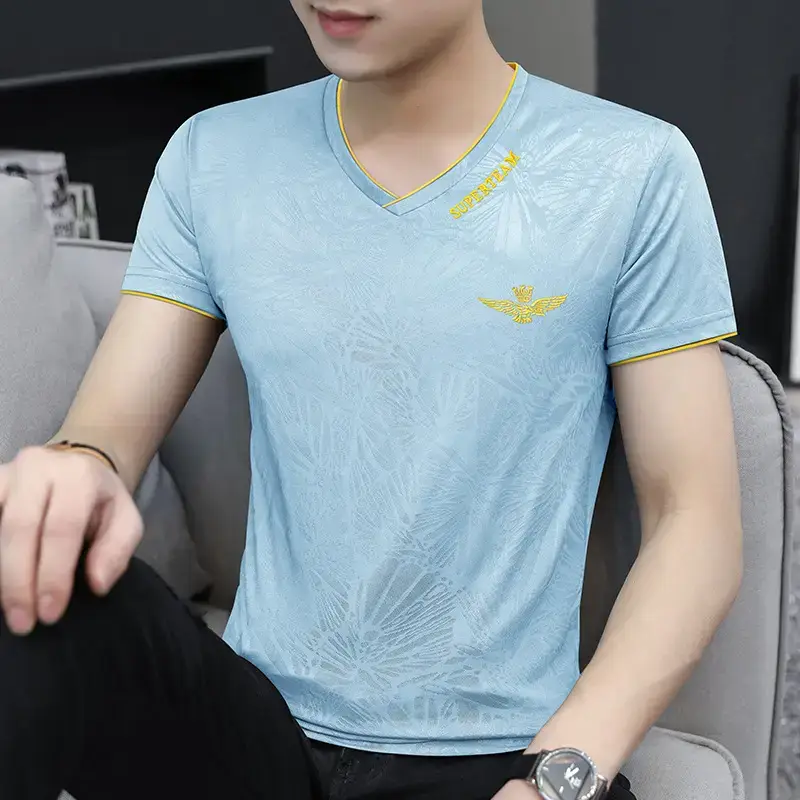 Men Ice Silk V-Neck T-Shirt Light Blue 7°C - Image 9