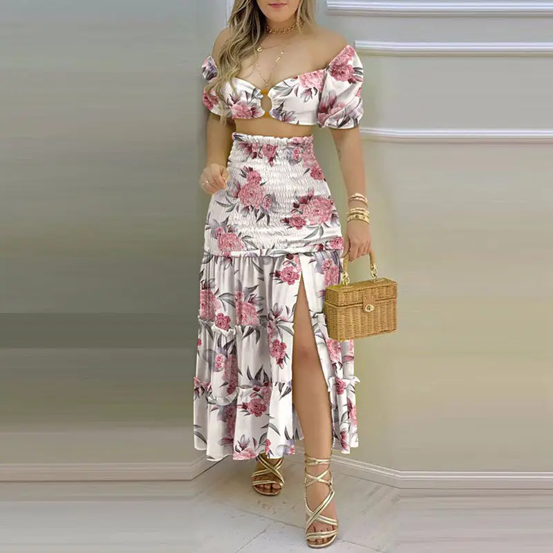 Color-Blocking Printed Vest High-Waisted Slit Long Skirt Set - Image 4