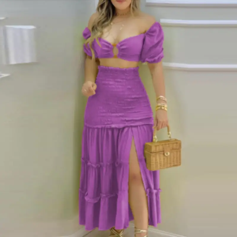 Color-Blocking Printed Vest High-Waisted Slit Long Skirt Set - Image 6