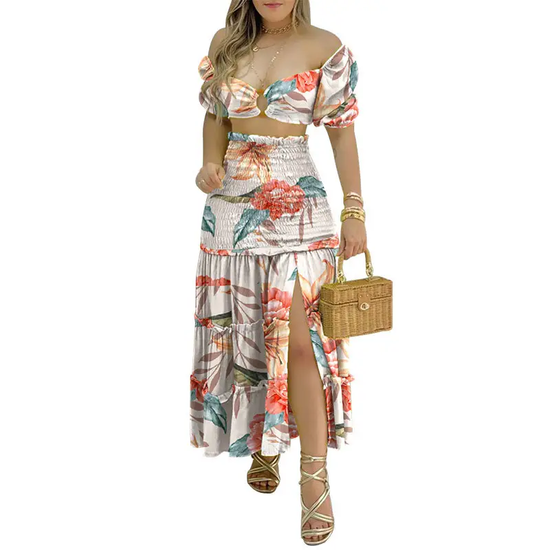Color-Blocking Printed Vest High-Waisted Slit Long Skirt Set - Image 7