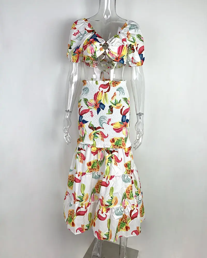 Color-Blocking Printed Vest High-Waisted Slit Long Skirt Set — feature 36