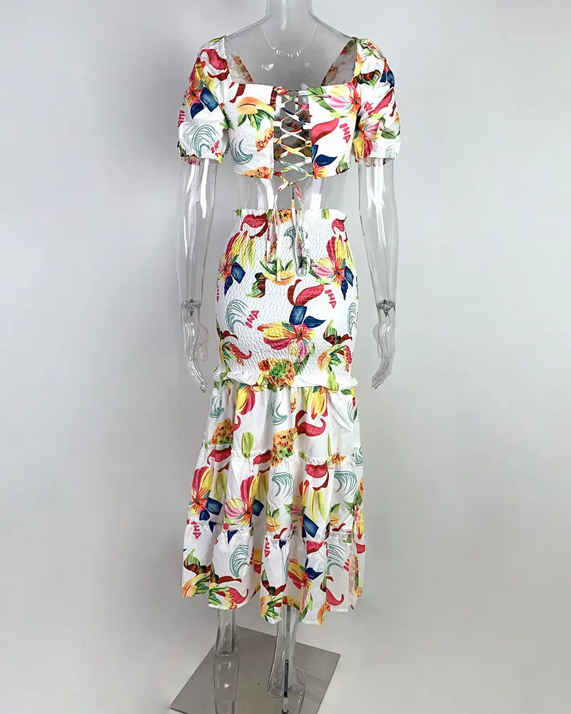 Color-Blocking Printed Vest High-Waisted Slit Long Skirt Set — feature 37