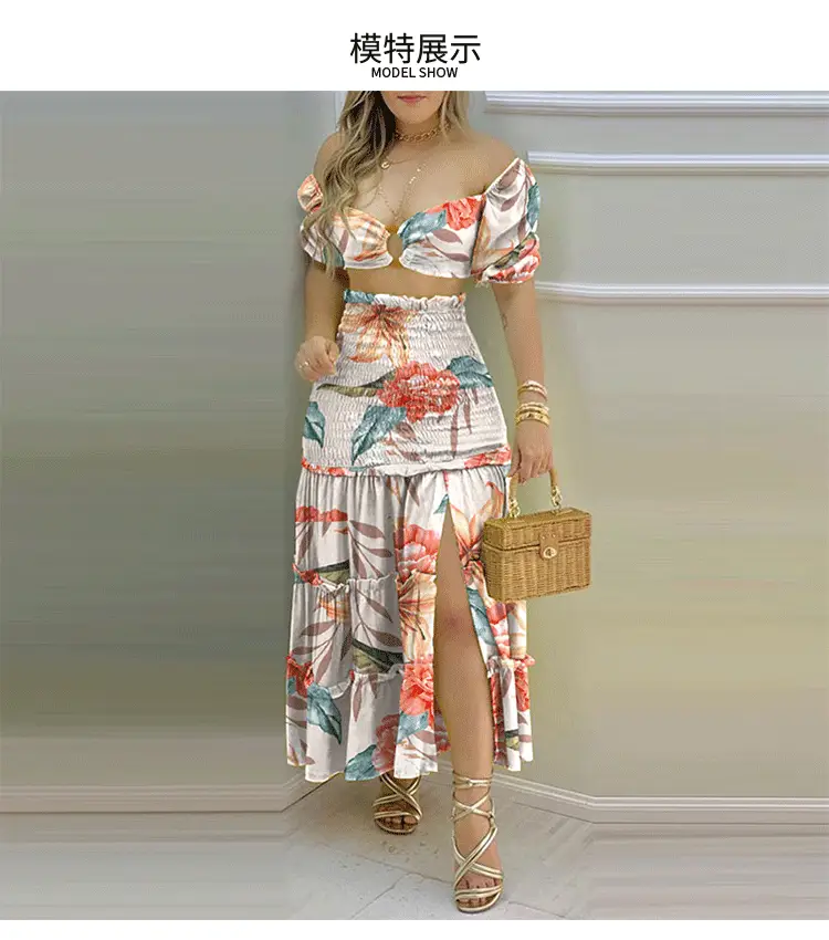 Color-Blocking Printed Vest High-Waisted Slit Long Skirt Set — feature 39