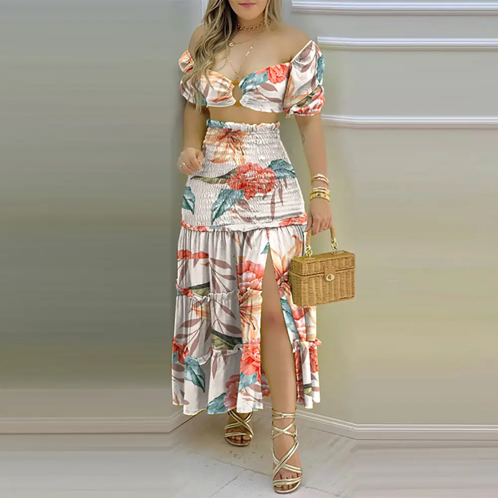 Color-Blocking Printed Vest High-Waisted Slit Long Skirt Set — feature 40