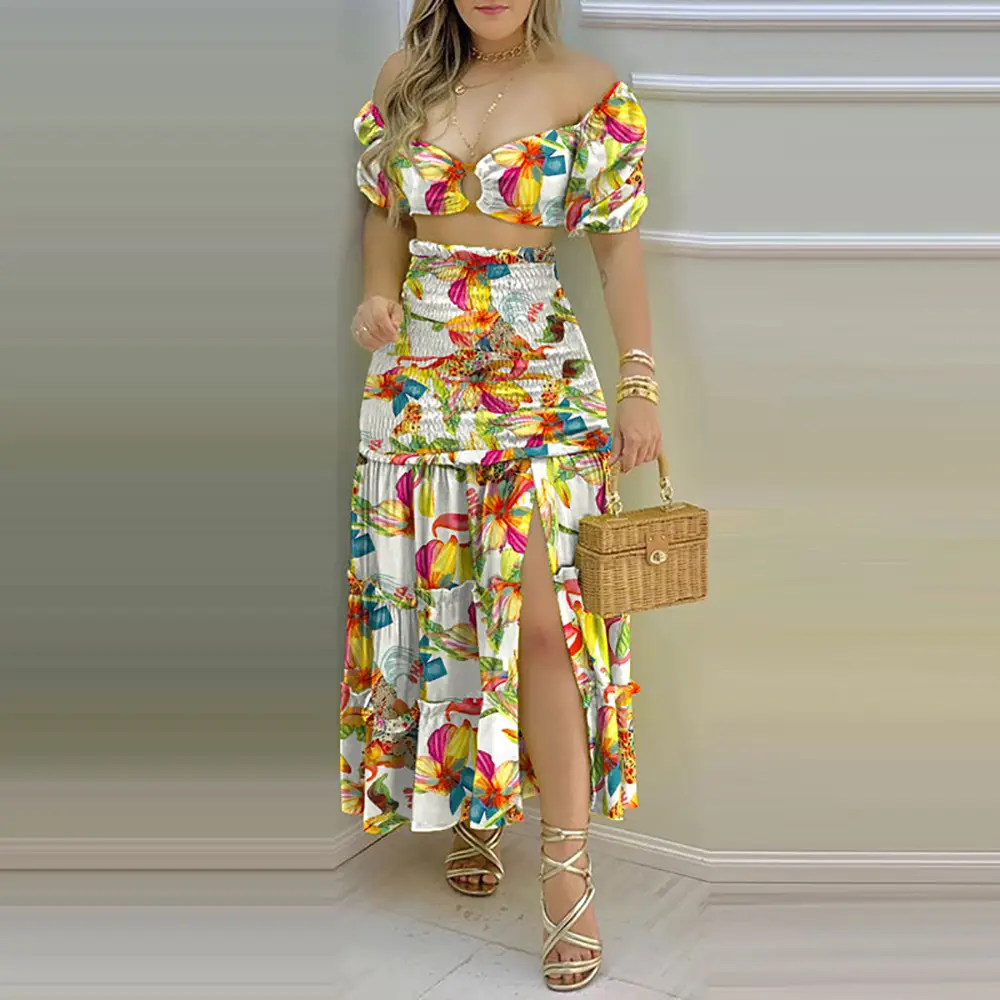 Color-Blocking Printed Vest High-Waisted Slit Long Skirt Set — feature 42