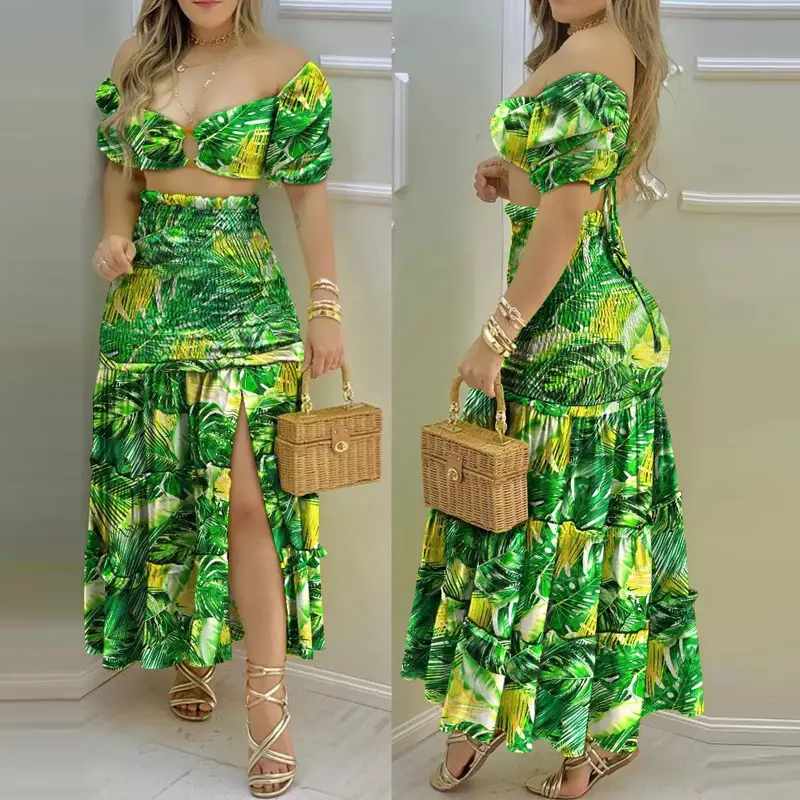Color-Blocking Printed Vest High-Waisted Slit Long Skirt Set — feature 43