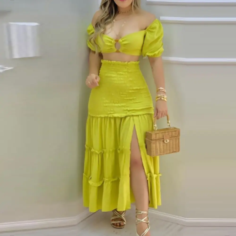 Color-Blocking Printed Vest High-Waisted Slit Long Skirt Set — feature 44