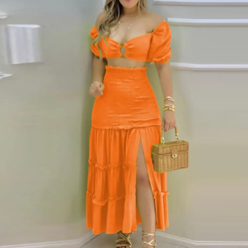 Color-Blocking Printed Vest High-Waisted Slit Long Skirt Set — feature 46
