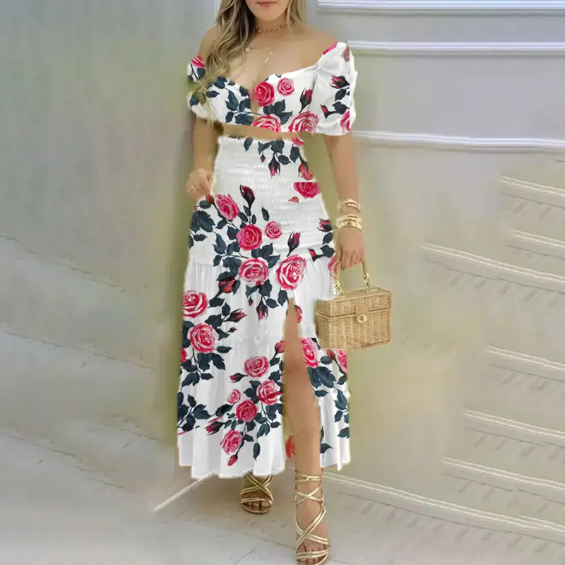 Color-Blocking Printed Vest High-Waisted Slit Long Skirt Set — feature 48