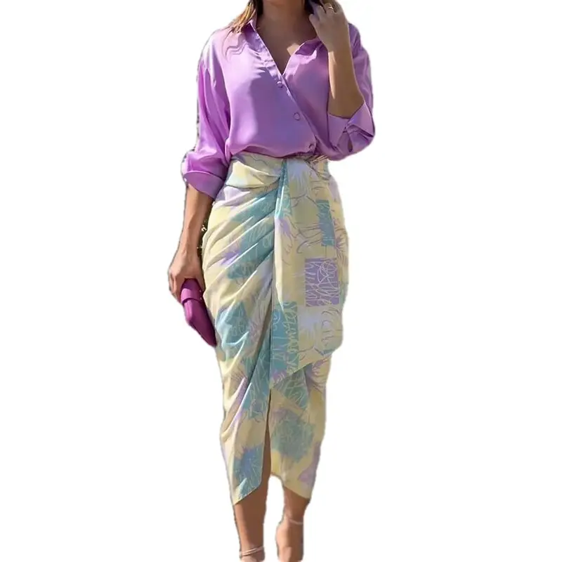 Color-Blocking Printed Vest High-Waisted Slit Long Skirt Set — feature 63