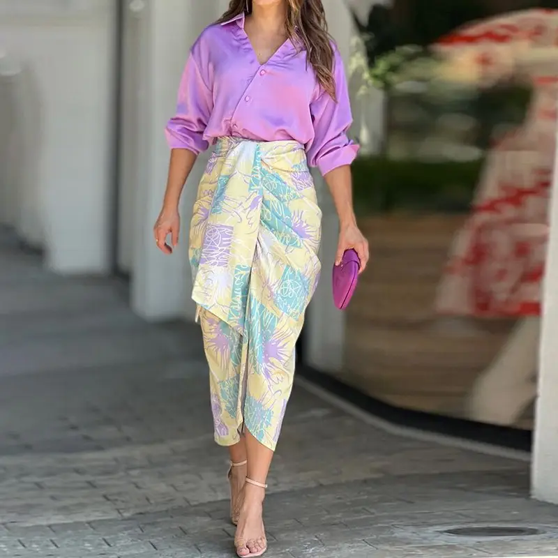 Color-Blocking Printed Vest High-Waisted Slit Long Skirt Set — feature 64