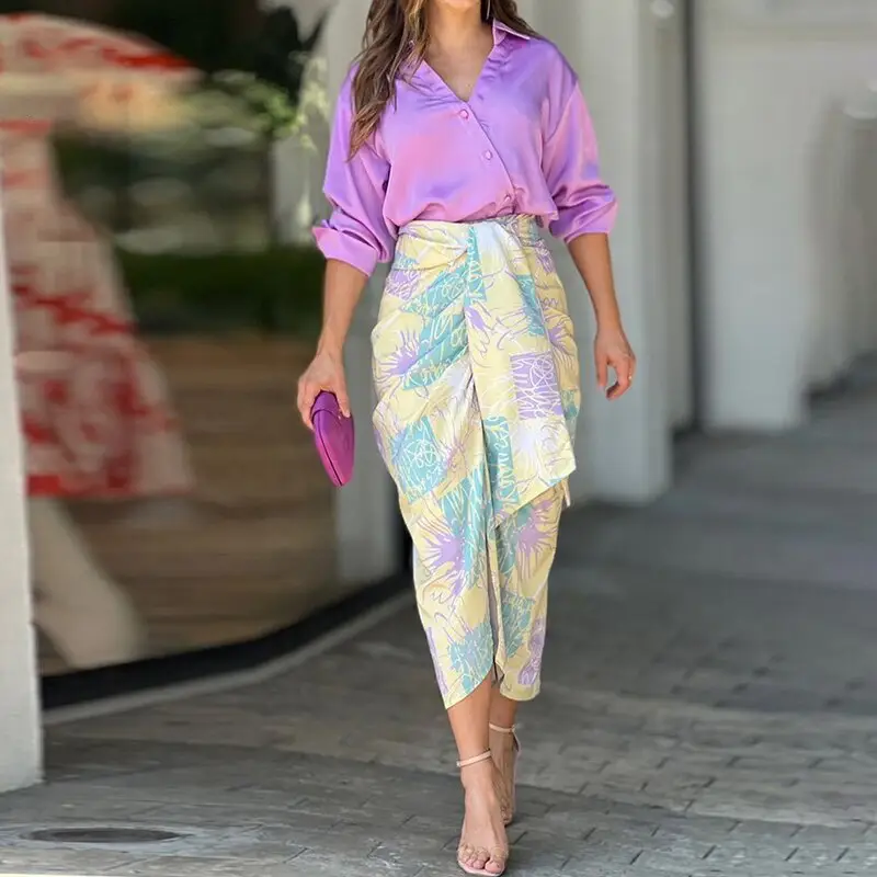 Color-Blocking Printed Vest High-Waisted Slit Long Skirt Set — feature 65