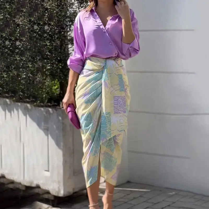 Color-Blocking Printed Vest High-Waisted Slit Long Skirt Set — feature 66