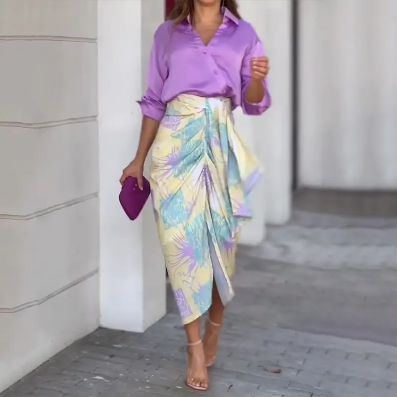 Color-Blocking Printed Vest High-Waisted Slit Long Skirt Set — feature 67