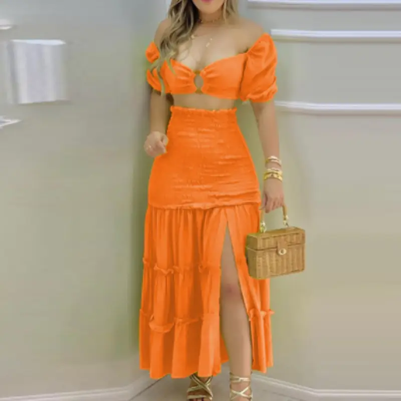 Color-Blocking Printed Vest High-Waisted Slit Long Skirt Set - Image 2