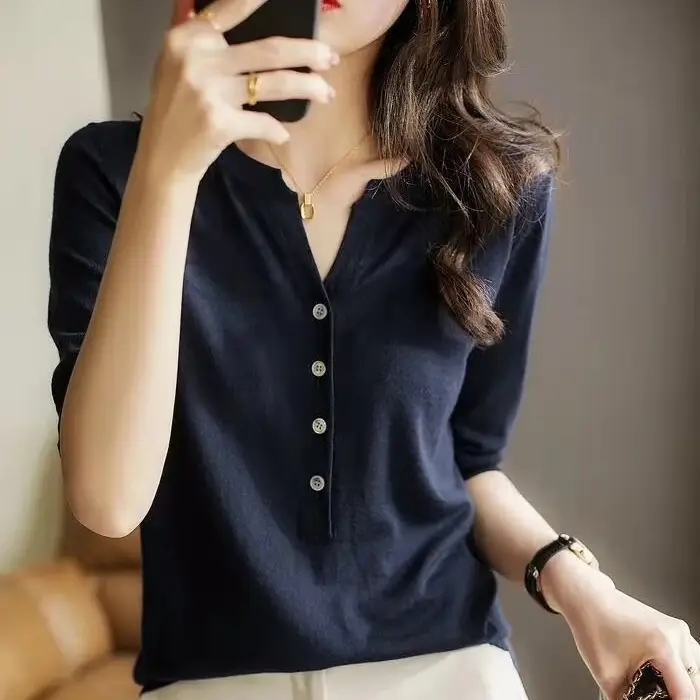 Women Button V Neck Knit T-Shirt Brown - Image 4