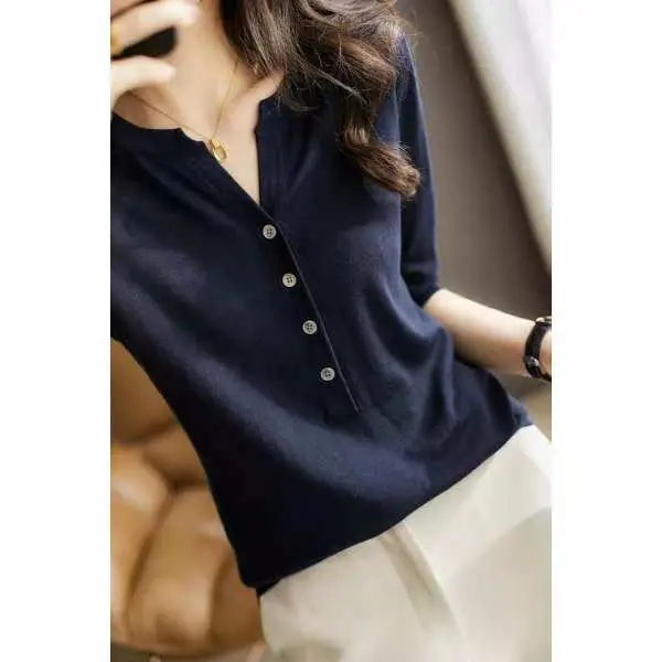Women Button V Neck Knit T-Shirt Brown - Image 5