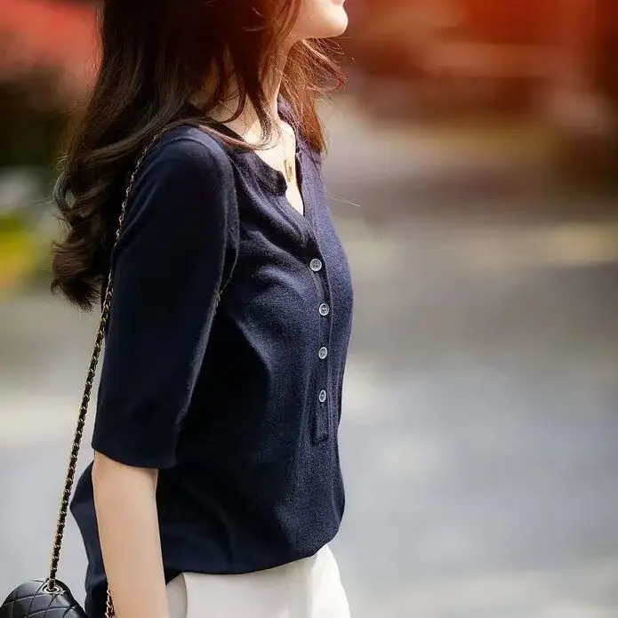Women Button V Neck Knit T-Shirt Brown - Image 6