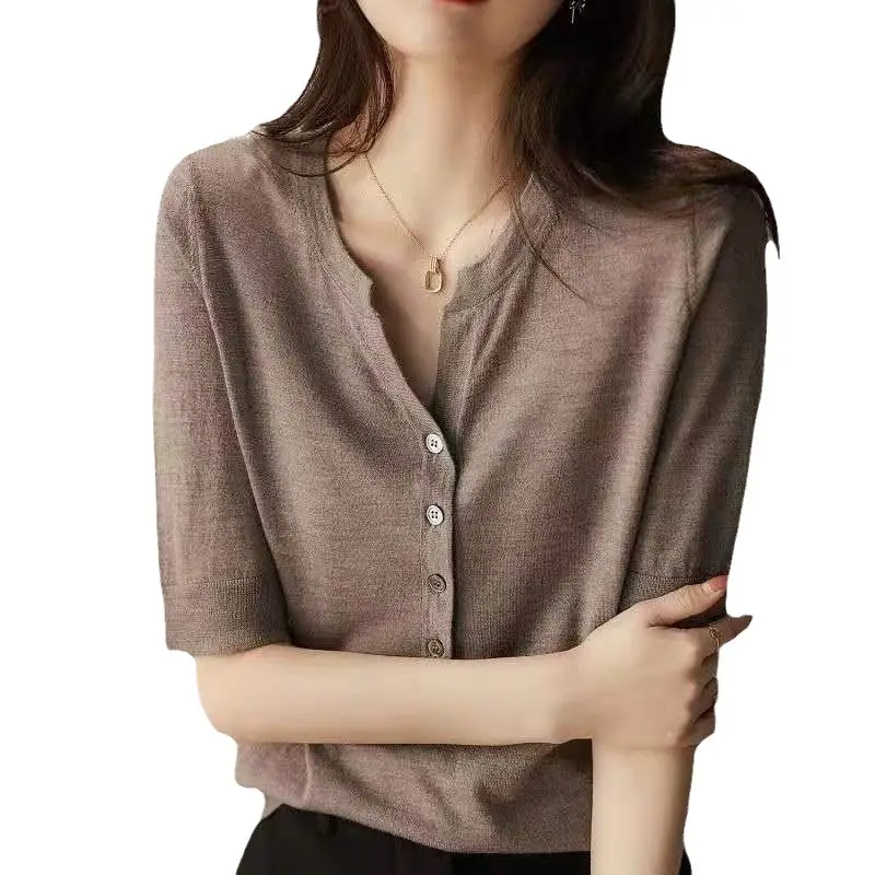 Women Button V Neck Knit T-Shirt Brown - Image 7