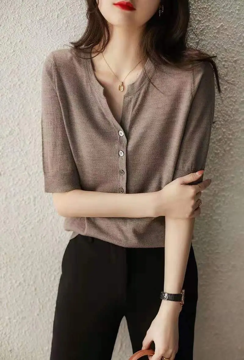 Women Button V Neck Knit T-Shirt Brown - Image 2