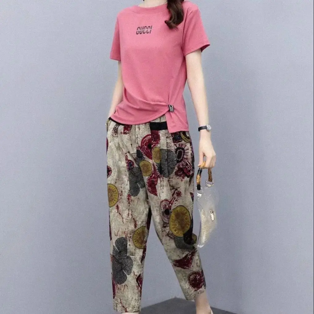 Women Printed Harem Pants Drawstring Waist Black Beige - Image 29