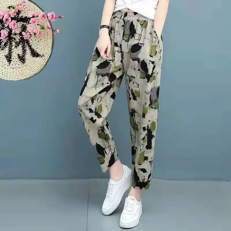 Women Printed Harem Pants Drawstring Waist Black Beige — feature 1