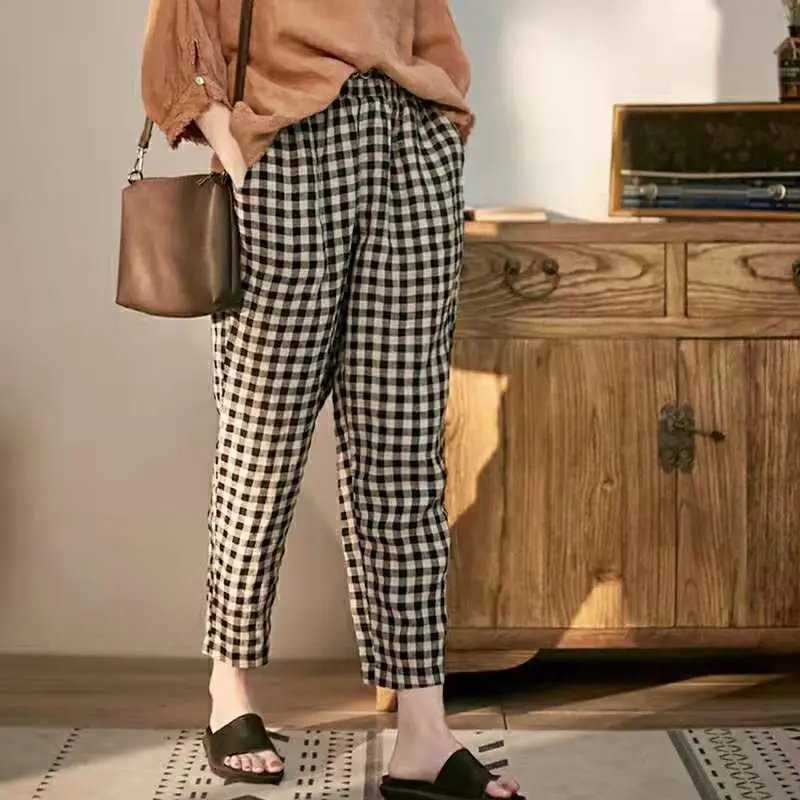 Women Printed Harem Pants Drawstring Waist Black Beige — feature 10