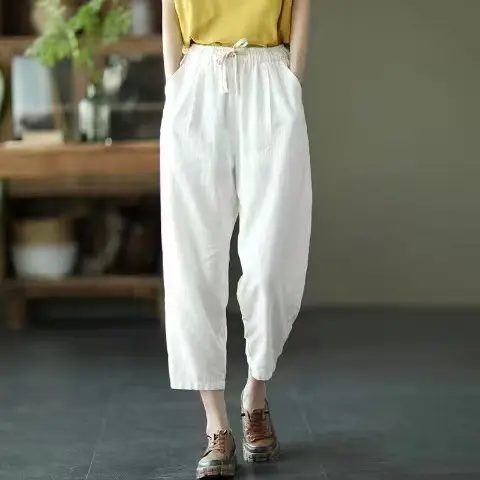 Women Printed Harem Pants Drawstring Waist Black Beige — feature 16