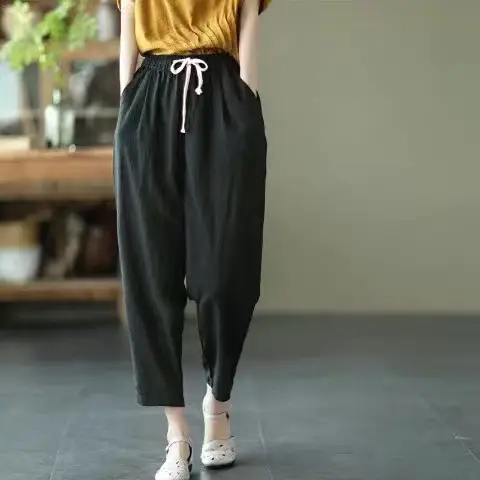 Women Printed Harem Pants Drawstring Waist Black Beige — feature 18