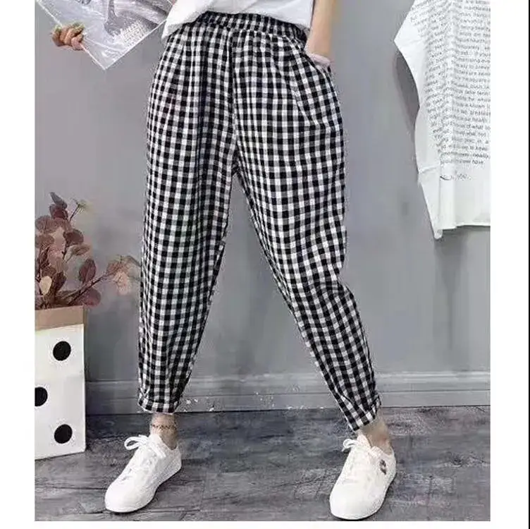 Women Printed Harem Pants Drawstring Waist Black Beige — feature 2