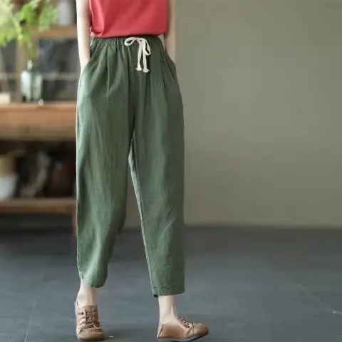 Women Printed Harem Pants Drawstring Waist Black Beige — feature 20