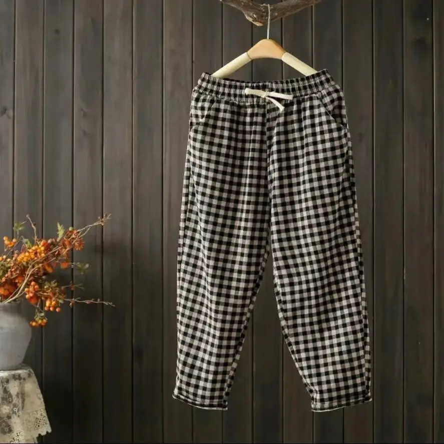 Women Printed Harem Pants Drawstring Waist Black Beige — feature 23