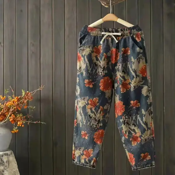 Women Printed Harem Pants Drawstring Waist Black Beige — feature 29