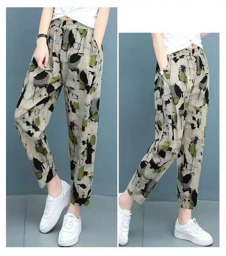 Women Printed Harem Pants Drawstring Waist Black Beige — feature 3