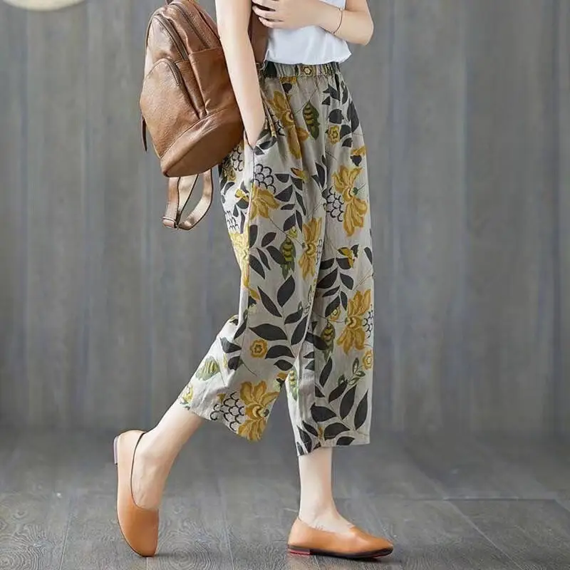 Women Printed Harem Pants Drawstring Waist Black Beige — feature 31
