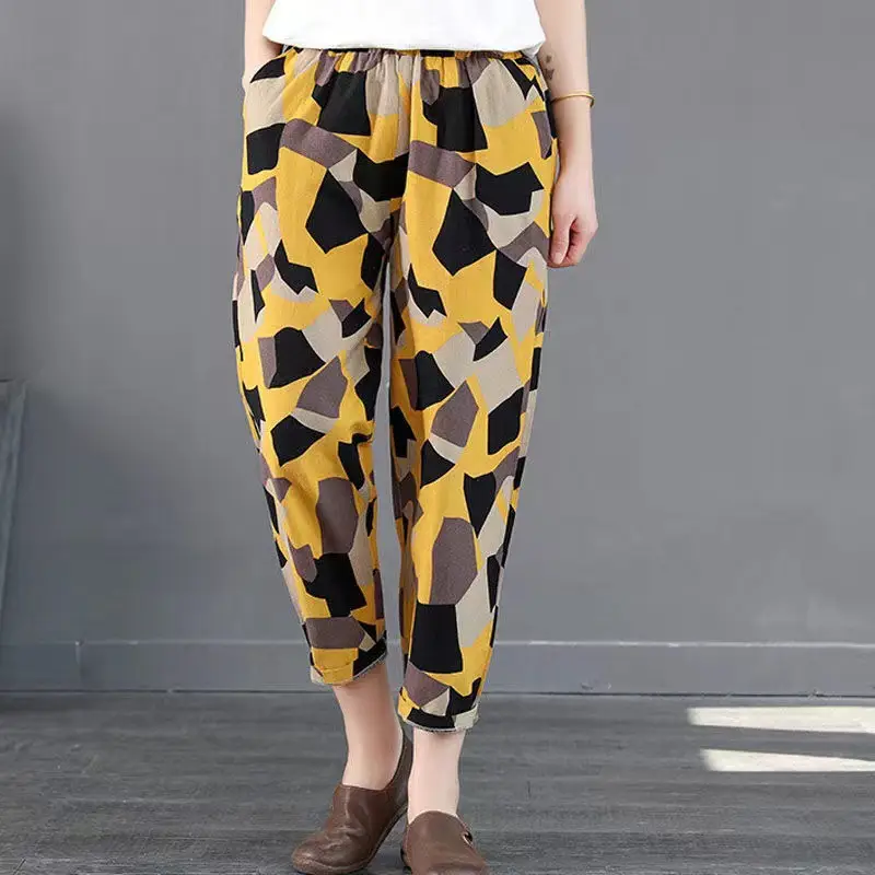 Women Printed Harem Pants Drawstring Waist Black Beige — feature 32