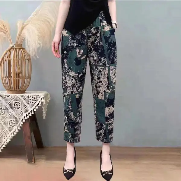 Women Printed Harem Pants Drawstring Waist Black Beige — feature 40