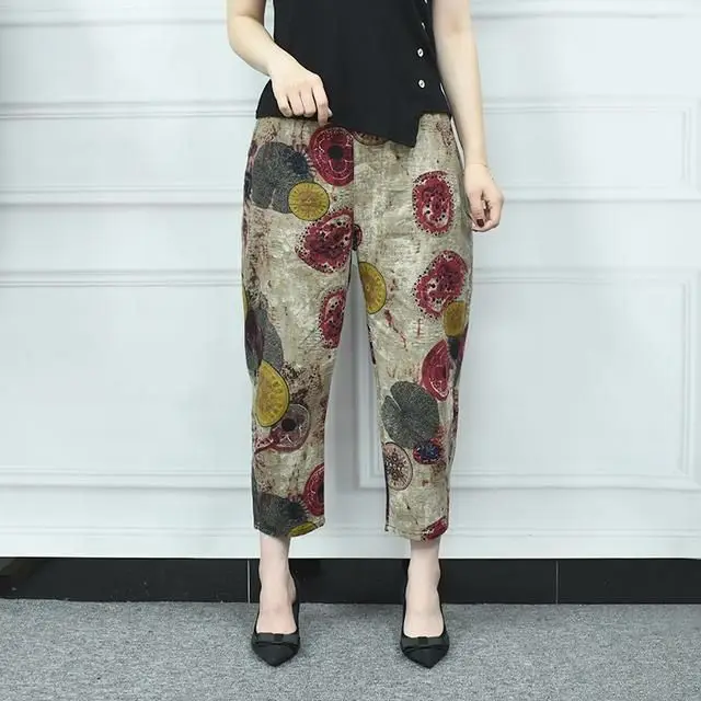 Women Printed Harem Pants Drawstring Waist Black Beige — feature 6