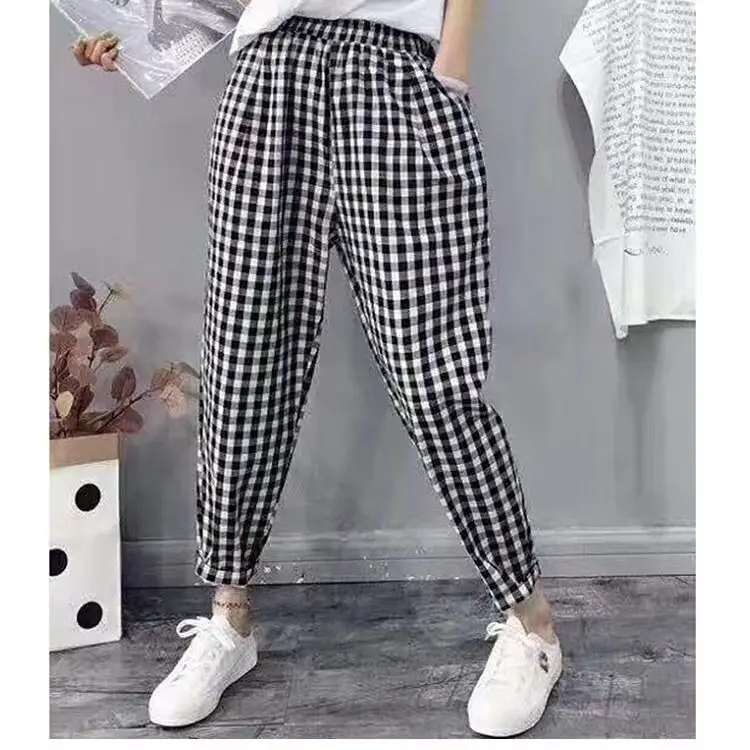 Women Printed Harem Pants Drawstring Waist Black Beige — feature 9